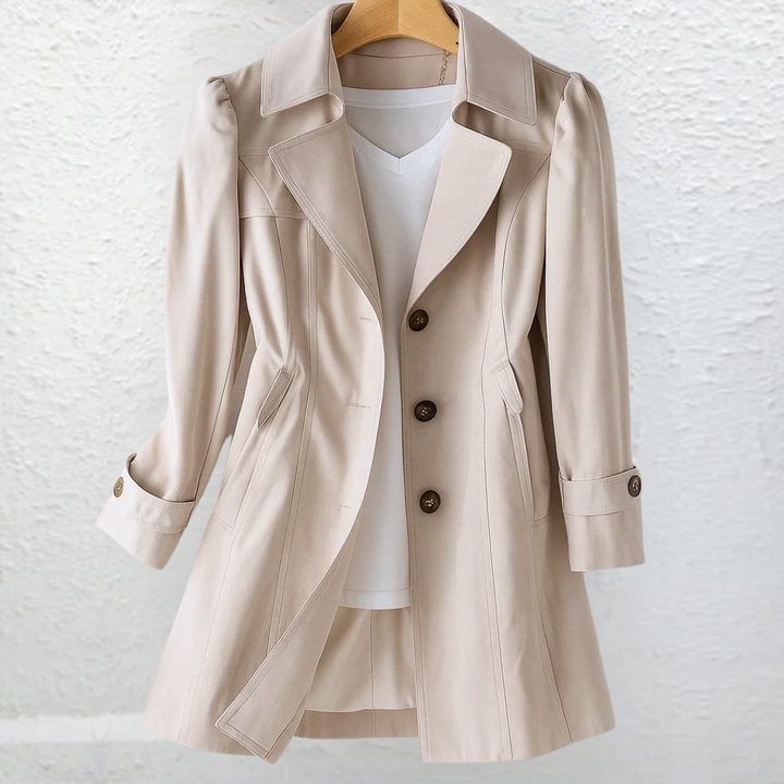 Classic women's fitted trench coat with belt, perfect for elegant workwear & daily style. Structured spring/fall outerwear.