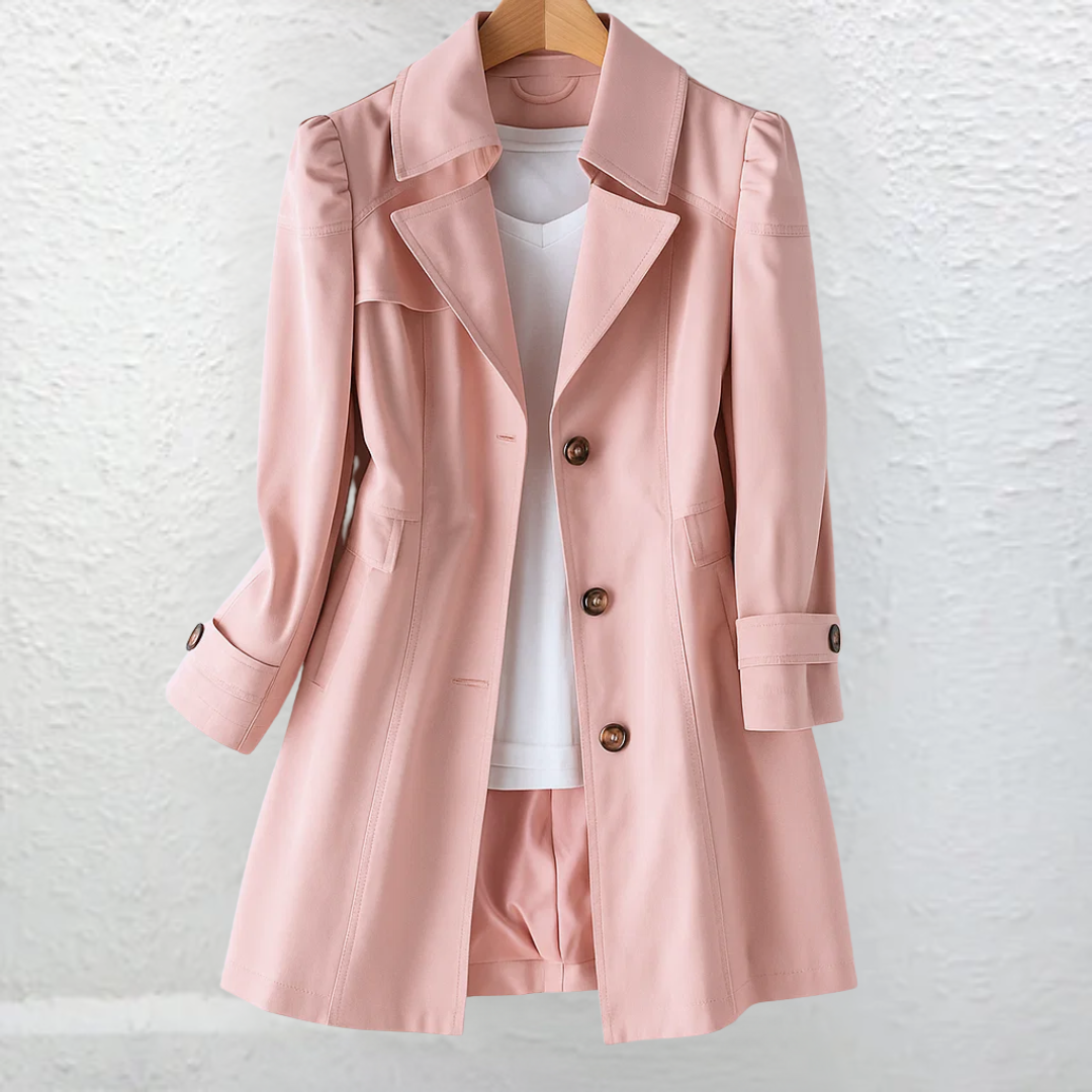 Elegant women's classic trench coat for work or daily wear. Fitted, belted, & structured, ideal for fall/spring fashion.