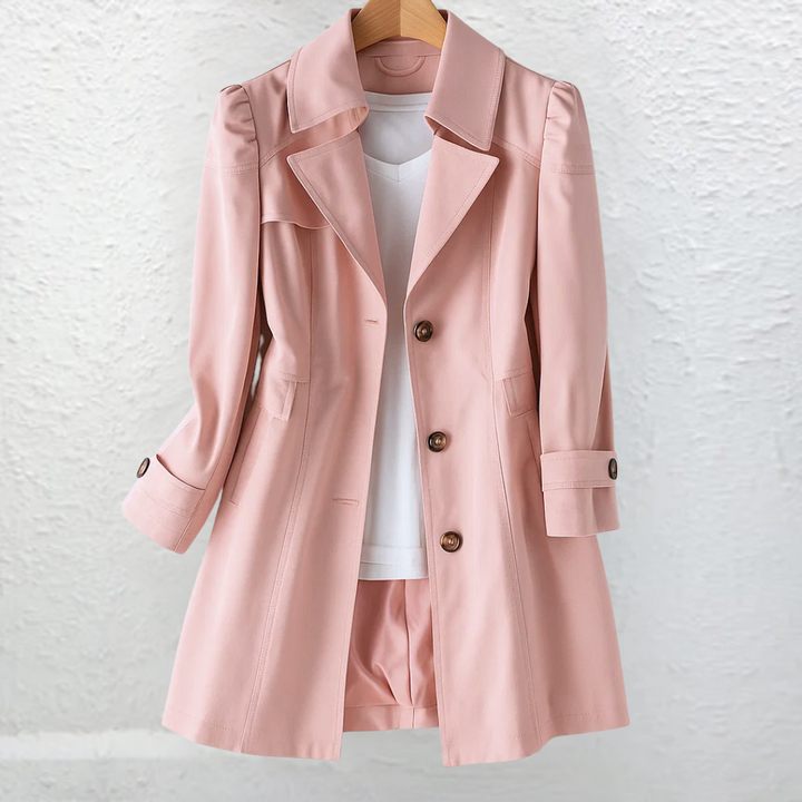 Elegant women's classic trench coat for work or daily wear. Fitted, belted, & structured, ideal for fall/spring fashion.