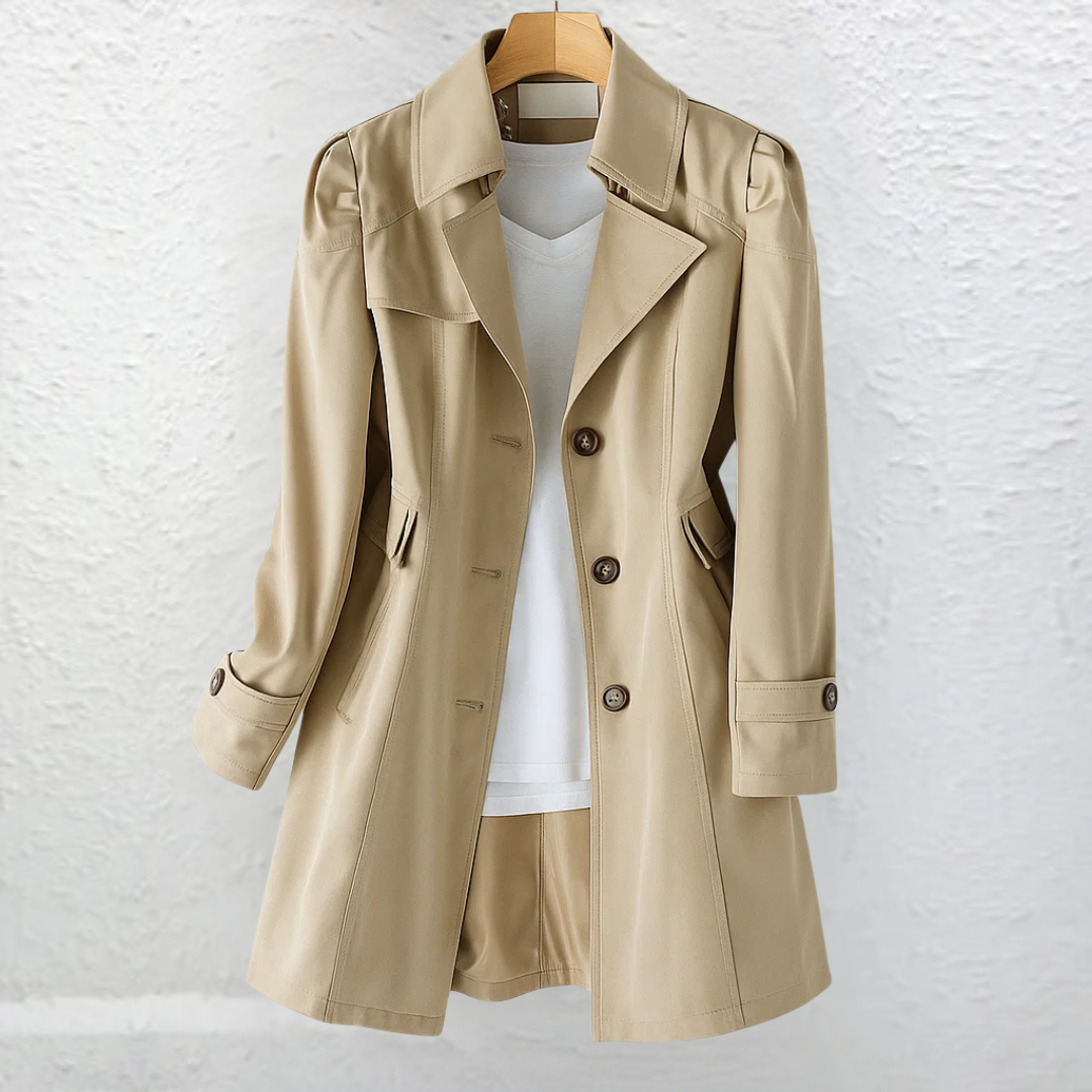 Structured women's long trench coat, classic vintage style. Fitted, belted outerwear perfect for office & elegant daily wear.