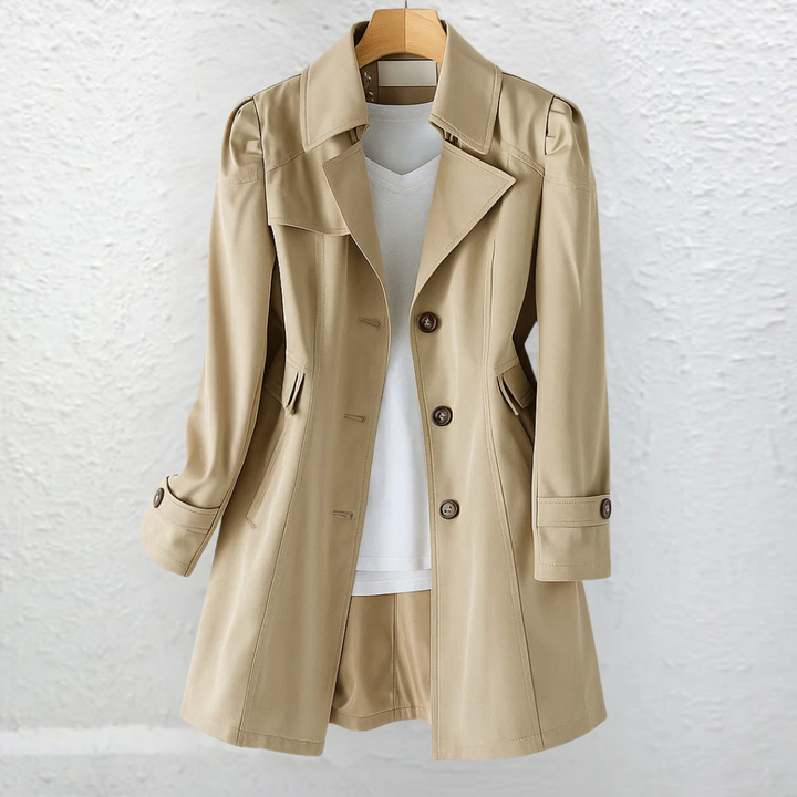 Structured women's long trench coat, classic vintage style. Fitted, belted outerwear perfect for office & elegant daily wear.