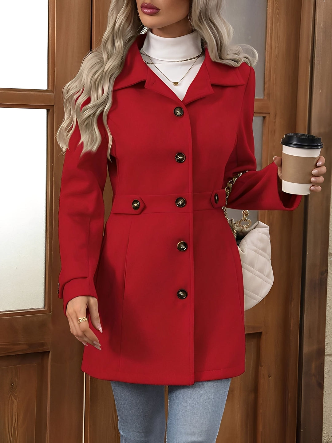 Professional women's office wear trench coat, elegant belted style & notch lapel. Versatile outerwear.