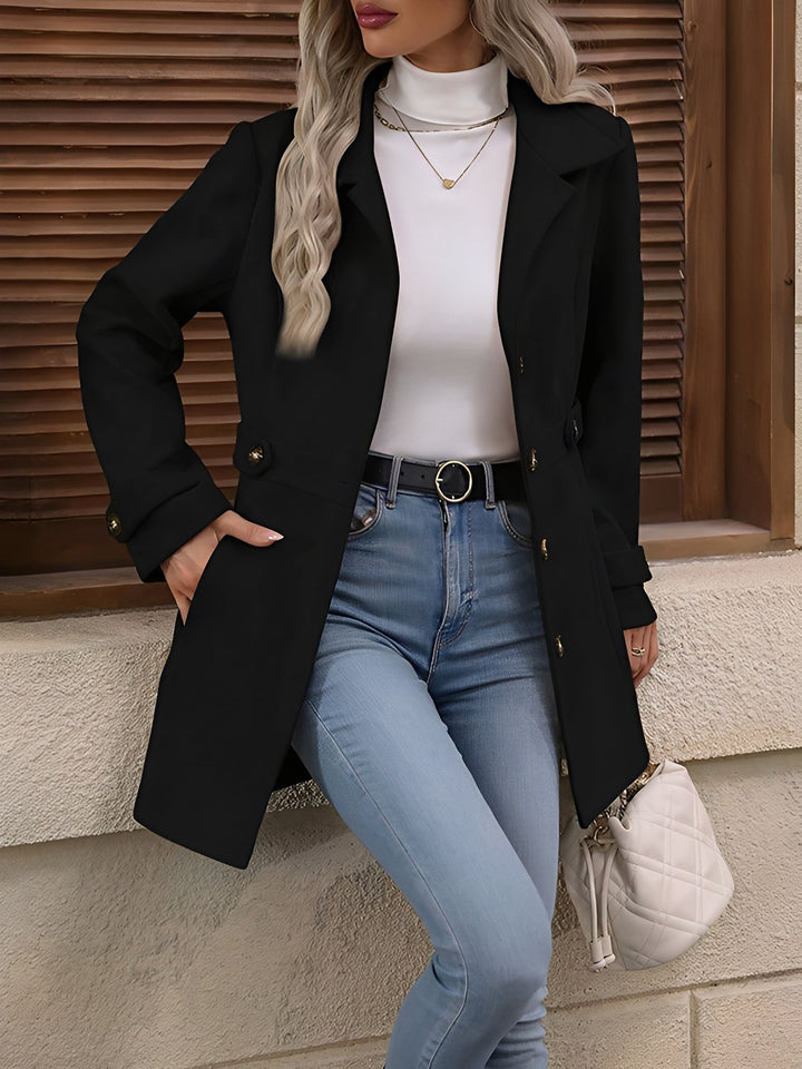 Khaki women's trench coat, classic and elegant, with a notch collar and tied belted waist.