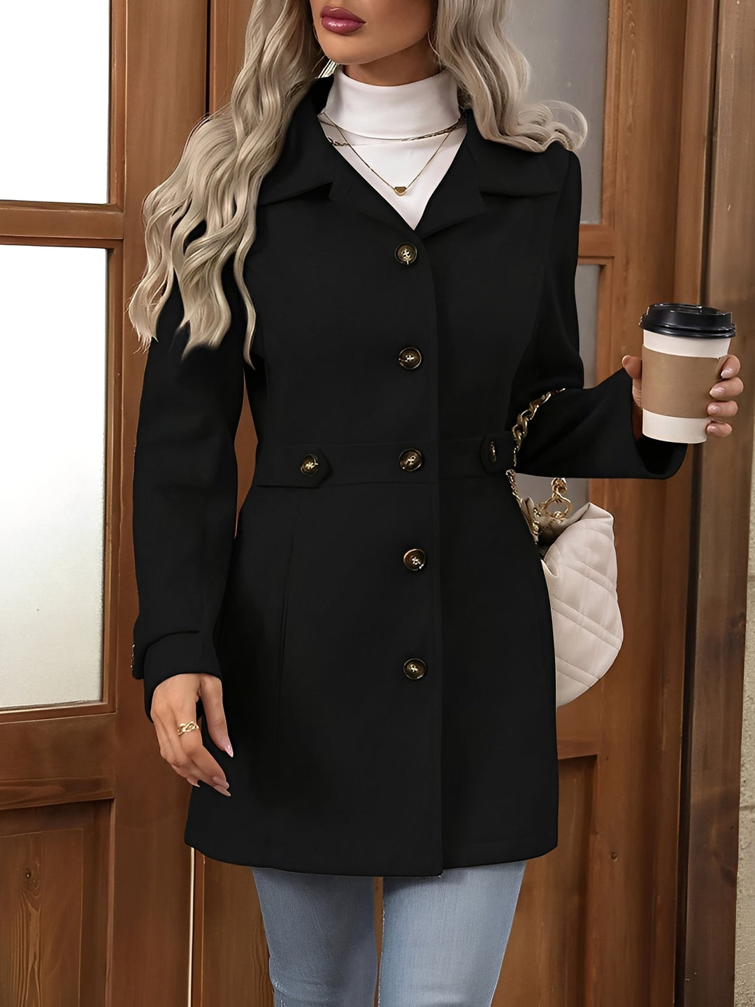 Full-length elegant trench coat for women, featuring a notch collar and classic belted style.