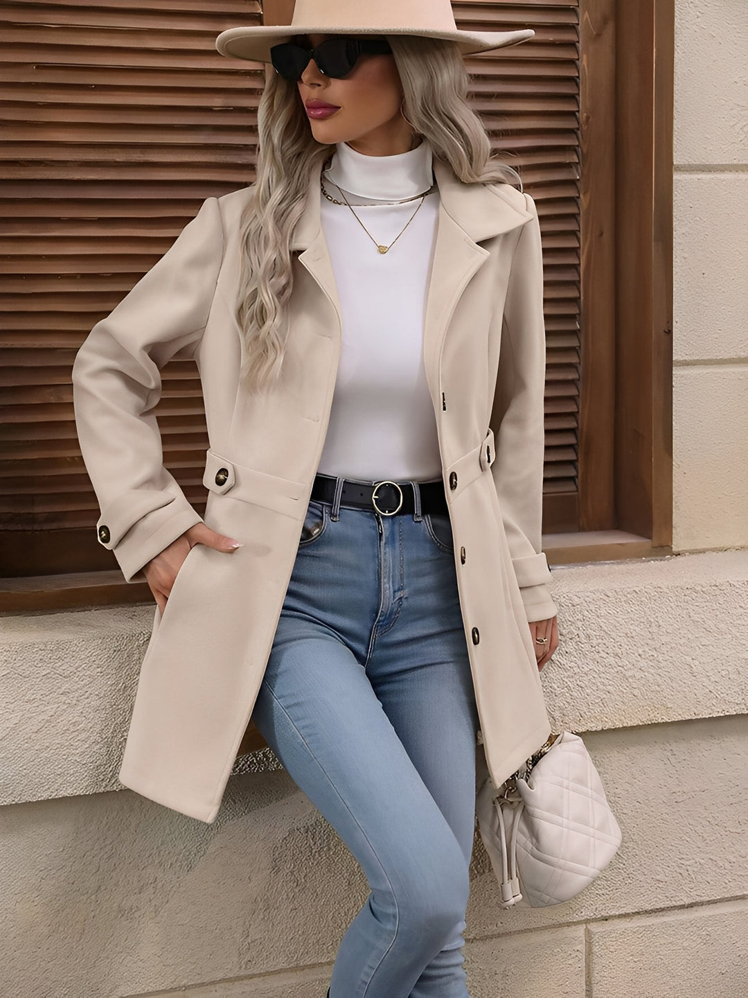 Stylish women's trench coat, durable fabric, classic belted design & notch collar. Ideal fall fashion.