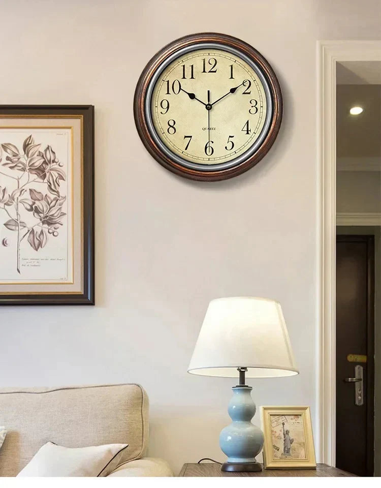 Vintage style classic wall clock with large numbers. Elegant wood silent clock for modern home decor in kitchen or living room.