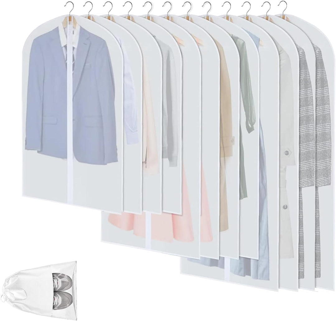 Clear PEVA garment bags, 12-pack, for suits, dresses, coats. Dust & moth protection, wardrobe storage.