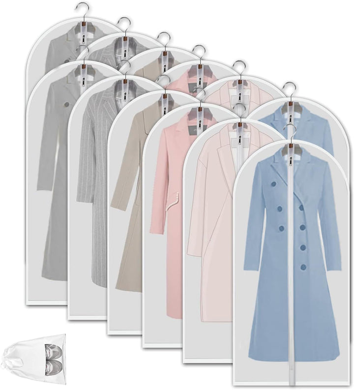 12-pack garment bags for clothes. Clear PEVA material ensures visibility & protection.