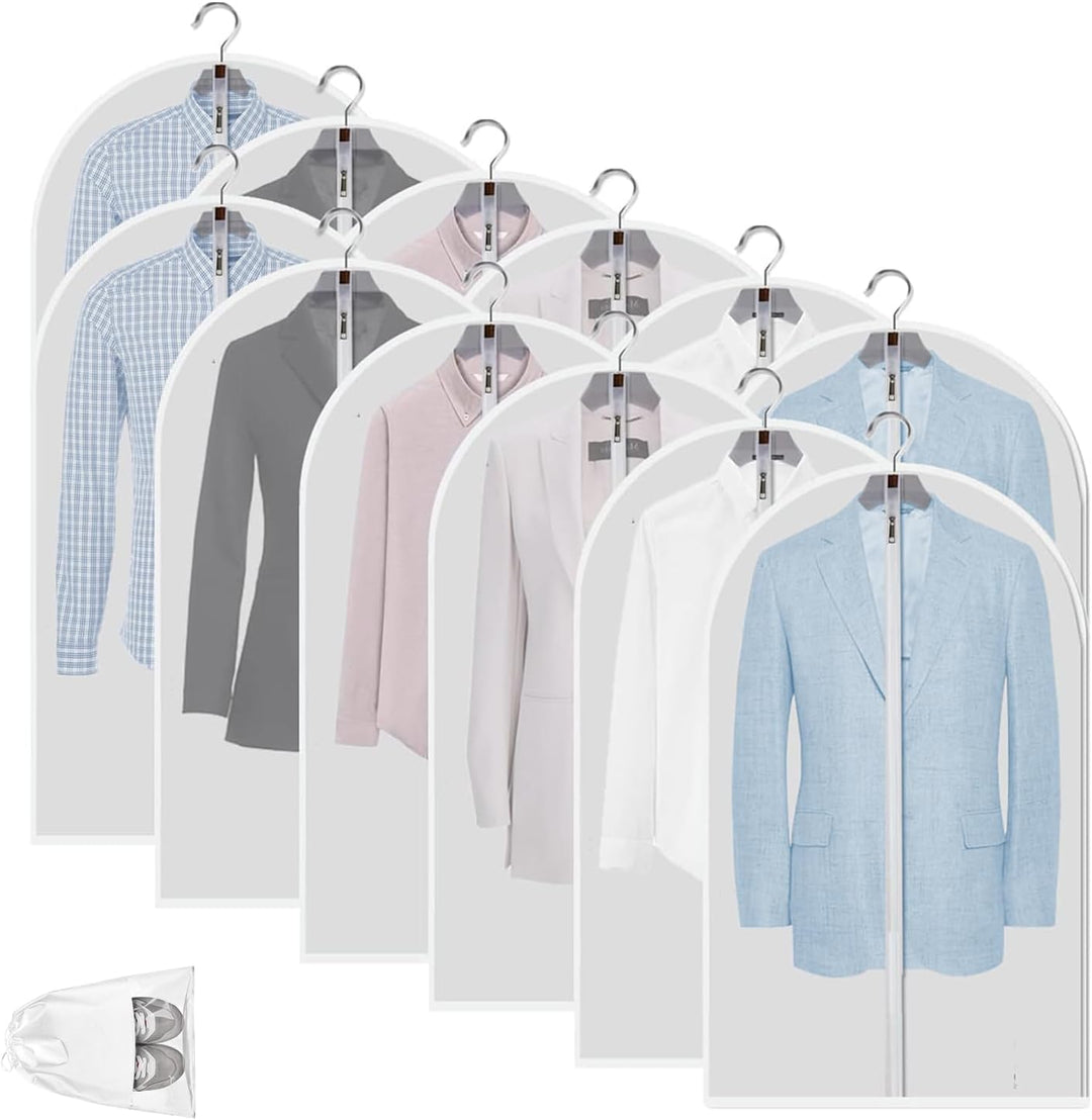 Travel-friendly 12-pack garment bags. Clear PEVA for suits, dresses, coats. Wrinkle-free.