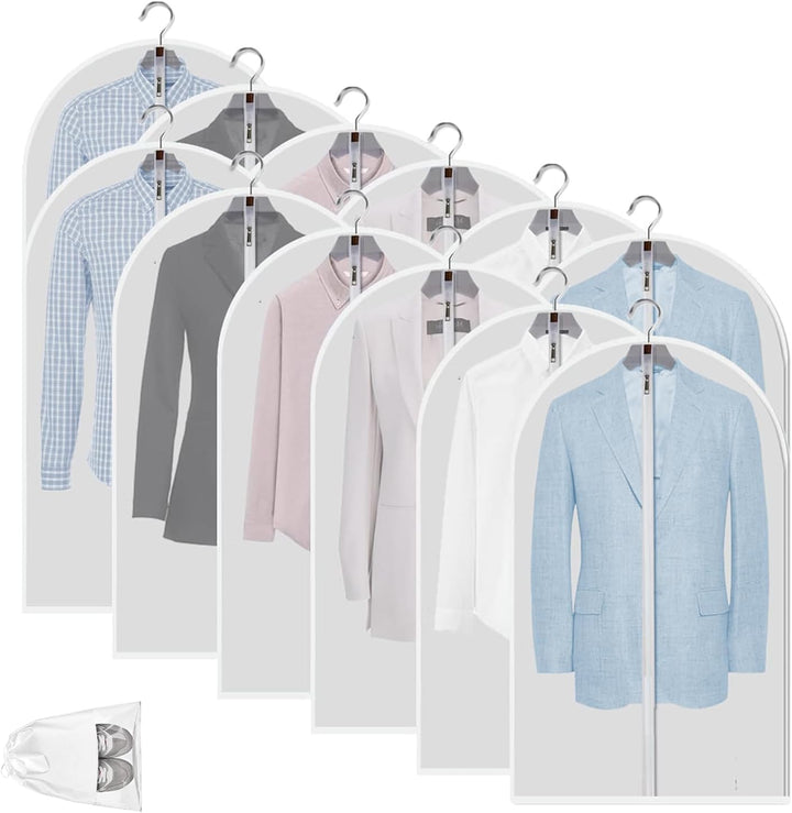 Travel-friendly 12-pack garment bags. Clear PEVA for suits, dresses, coats. Wrinkle-free.