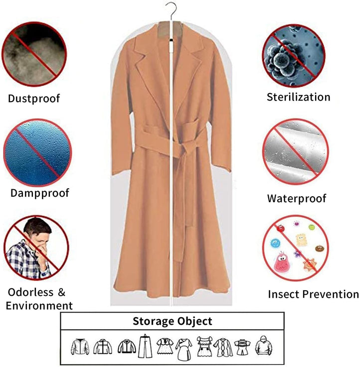12 clear PEVA dust covers. Garment bags for suits, dresses, coats. Organized & protected.