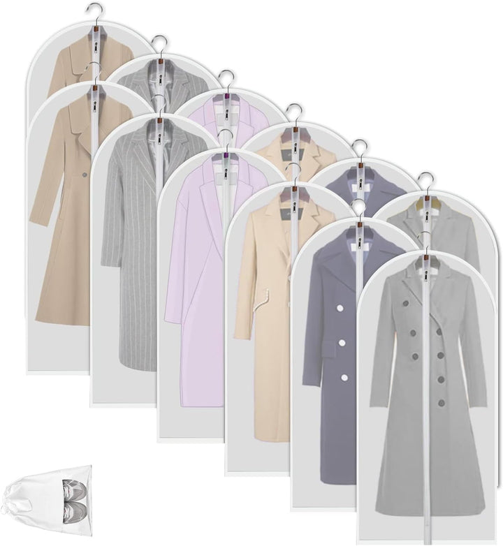 Breathable PEVA suit covers, 12-pack, for wardrobe storage. Keep clothes dust-free & organized.
