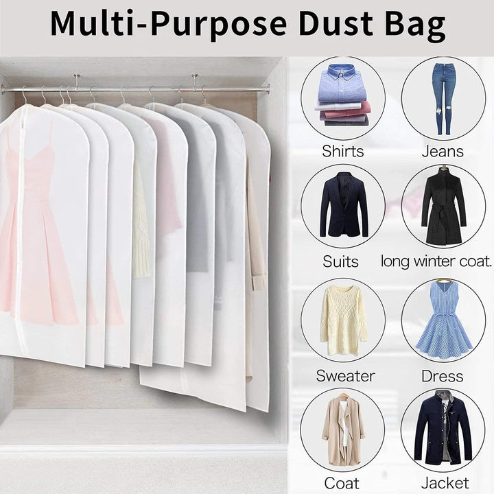 Set of 12 clear garment bags for clothing protection. Perfect for long-term wardrobe storage.