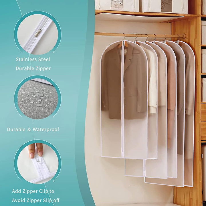 Premium PEVA garment bags, 12-pack, for clothes protection & storage. Great for travel.