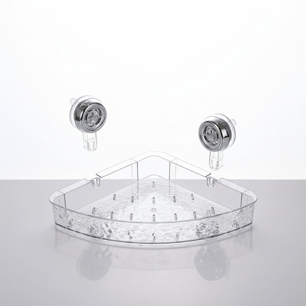 Transparent suction cup kitchen organizer. Space-saving no-drill storage for sponges & brushes.
