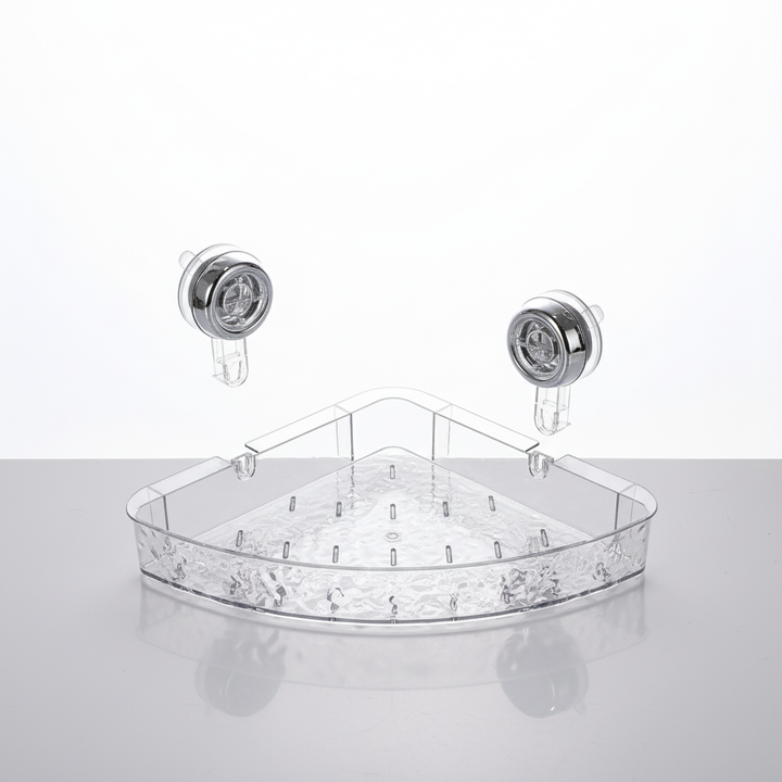 Transparent suction cup kitchen organizer. Space-saving no-drill storage for sponges & brushes.