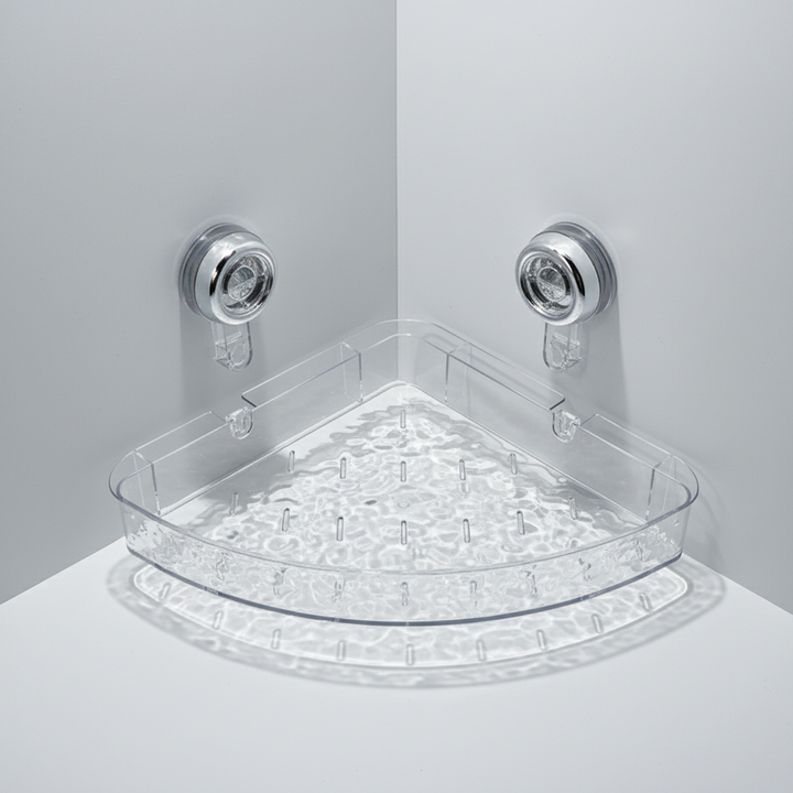 Clear shower caddy with powerful suction cups. Transparent no-drill bathroom storage for toiletries.