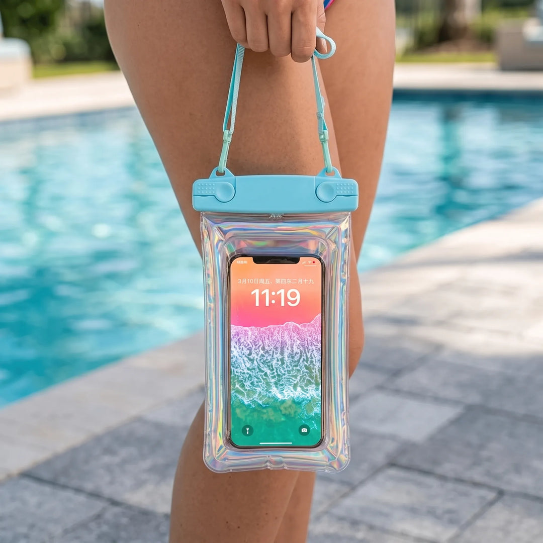 Clear waterproof phone pouch with secure seal and adjustable neck strap, perfect for all smartphones.