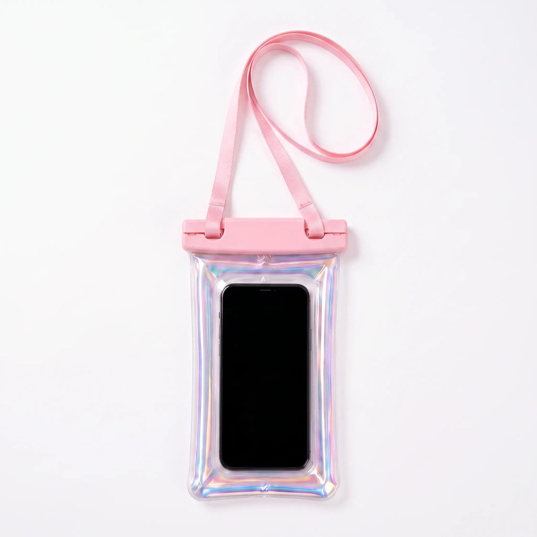 Durable waterproof phone protector with transparent touchscreen cover and convenient neck lanyard for travel.