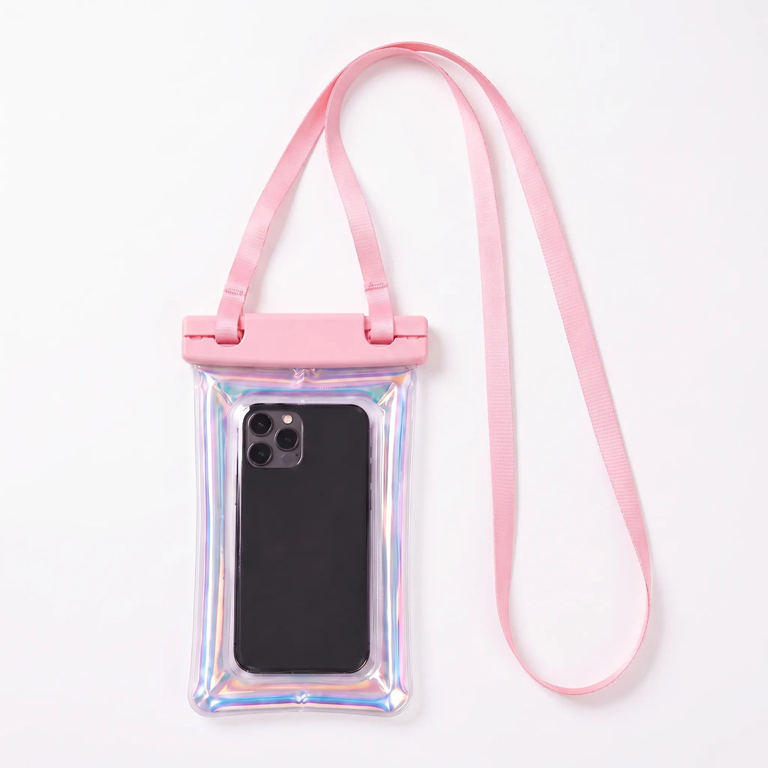 Crystal clear waterproof phone case with strong seal and secure neck strap, keeping your phone safe and dry.