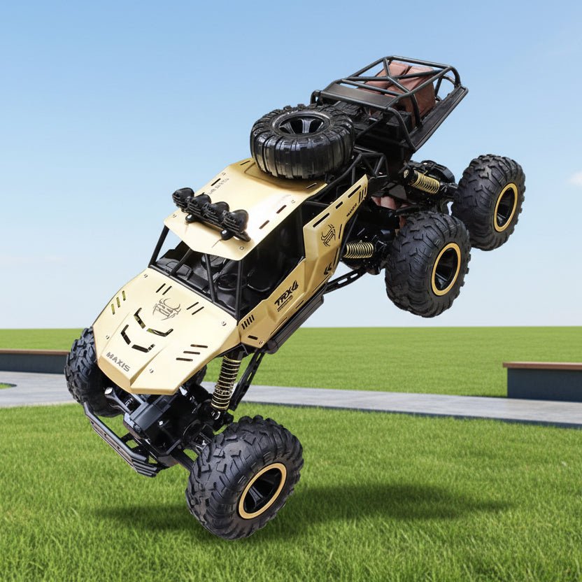 Close-up of a 6x6 all-terrain RC adventure truck, durable for off-road play.
