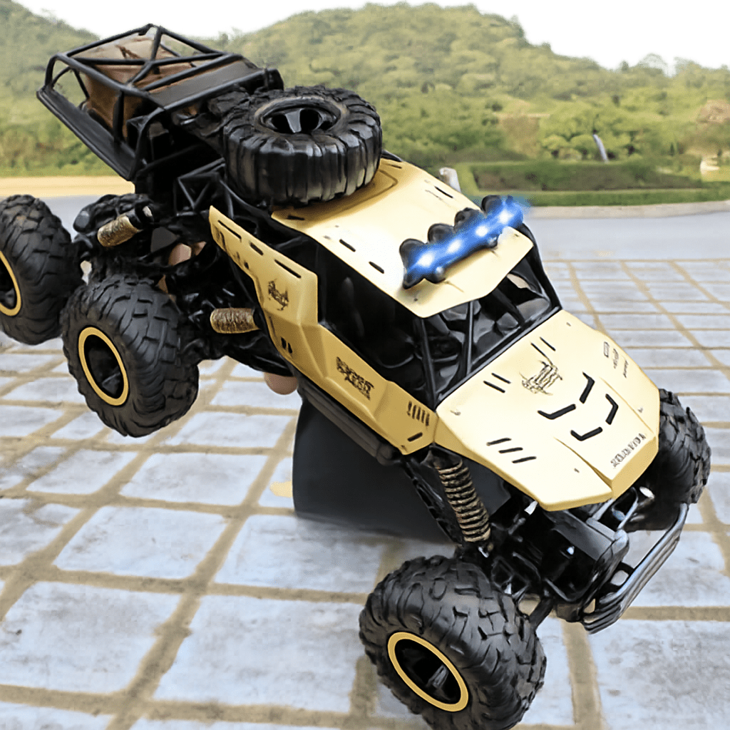 Red 6x6 RC adventure truck tackling a rocky path, perfect for off-road remote control play.