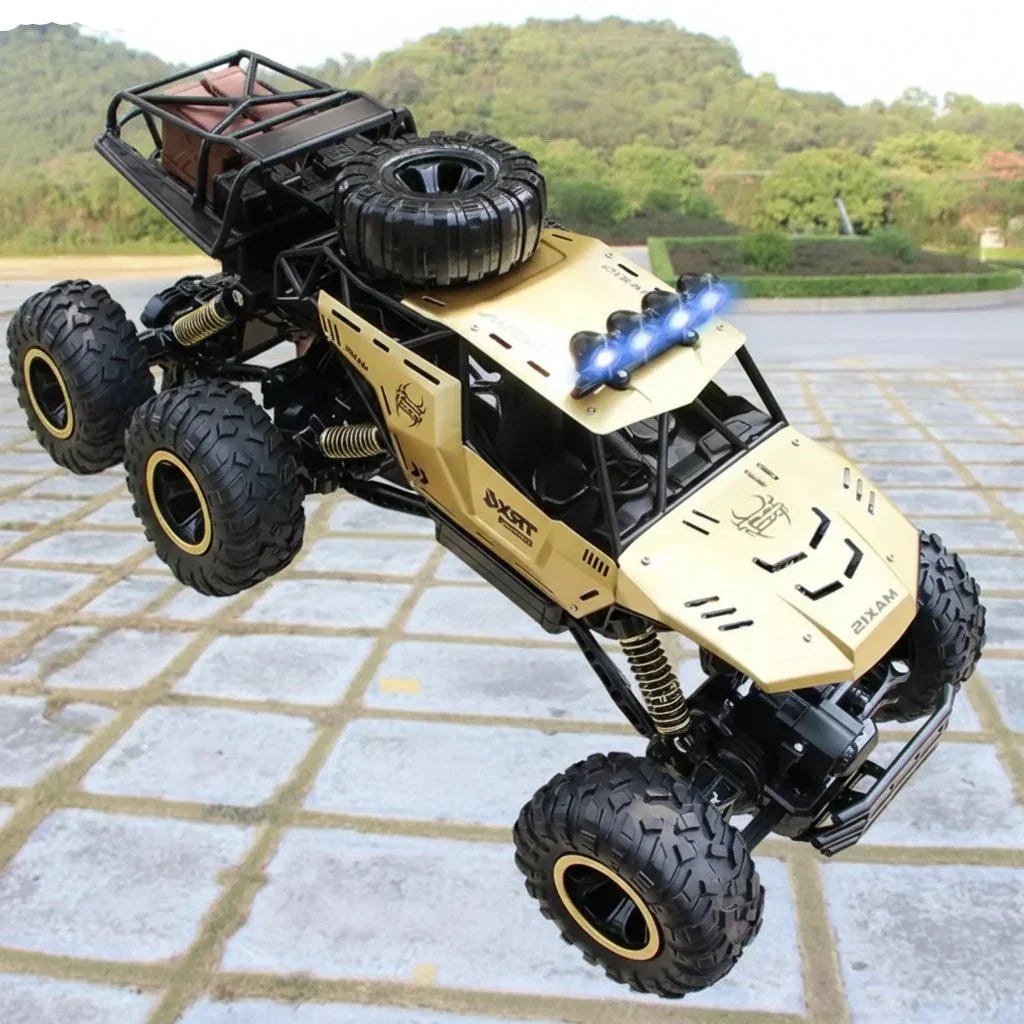 Front view of a black 6x6 RC monster truck, ready for remote control off-road action.
