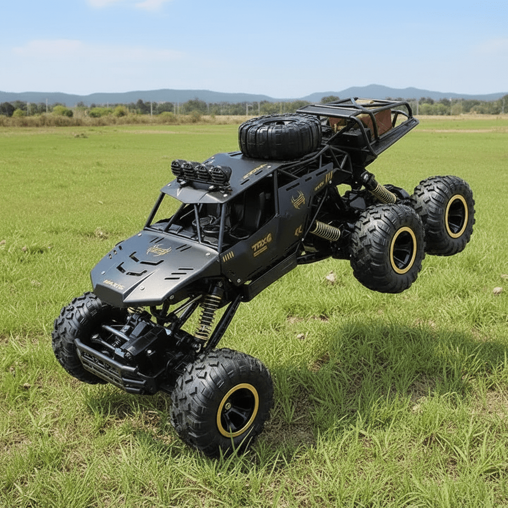 Unisex all-terrain 6x6 RC truck with large tires, ideal for rugged outdoor play & adventure.