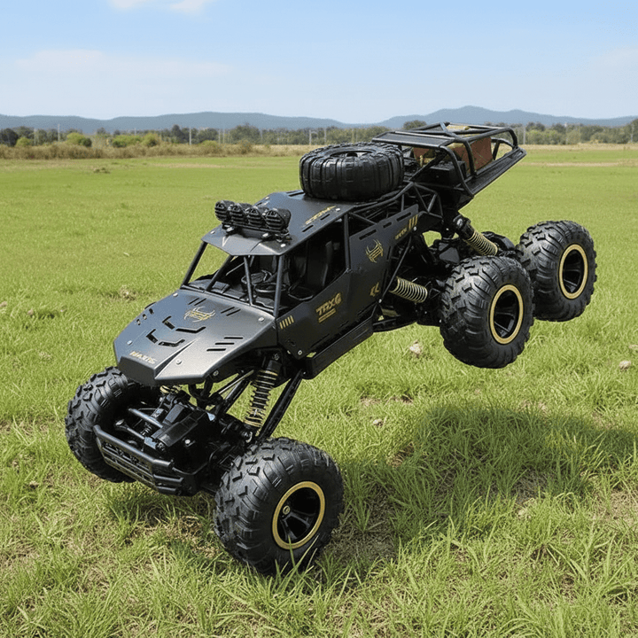 Unisex all-terrain 6x6 RC truck with large tires, ideal for rugged outdoor play & adventure.