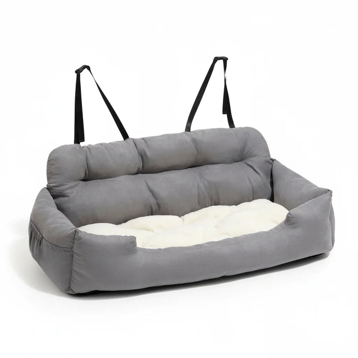 Close-up of a gray bolster pet car seat dog bed for travel, plush comfort for small to medium dogs.