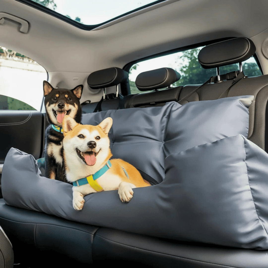 Washable pet car bed, gray cotton fabric, designed as a dog seat for small to medium dog travel.
