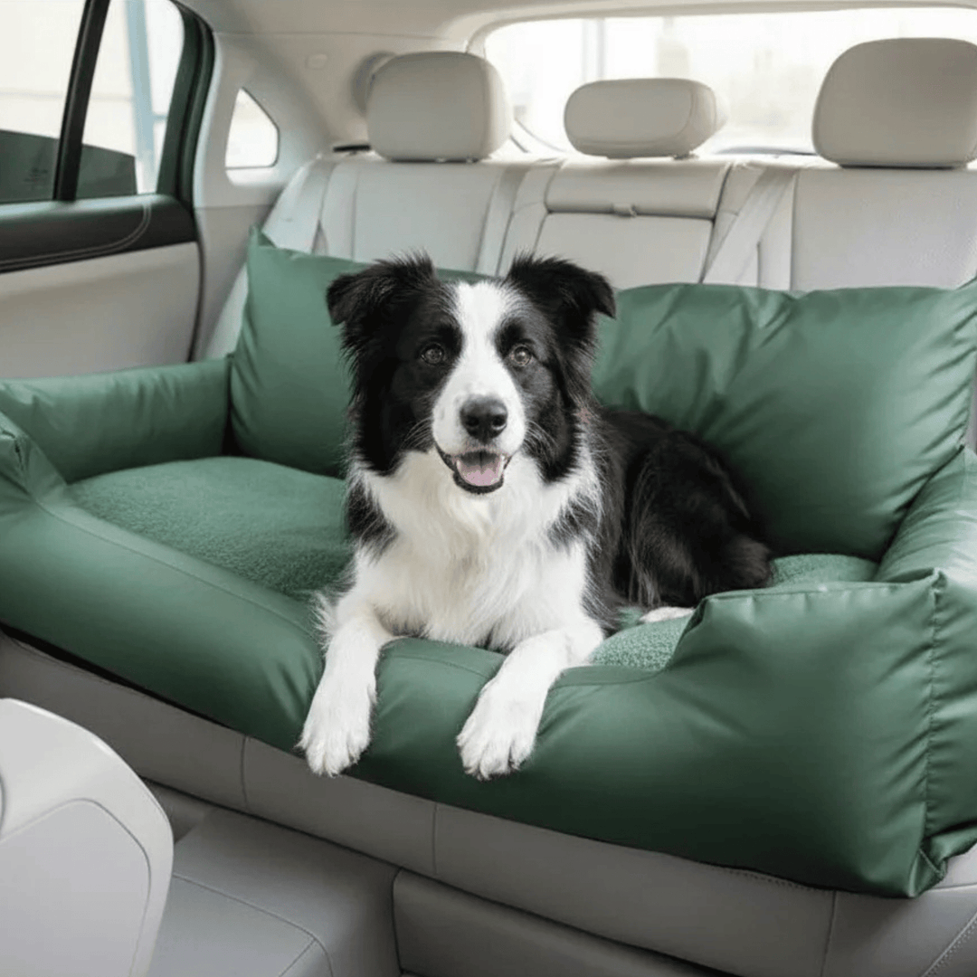 Elevated view of a comfortable pet car bolster bed with a dog resting peacefully, ideal for travel.