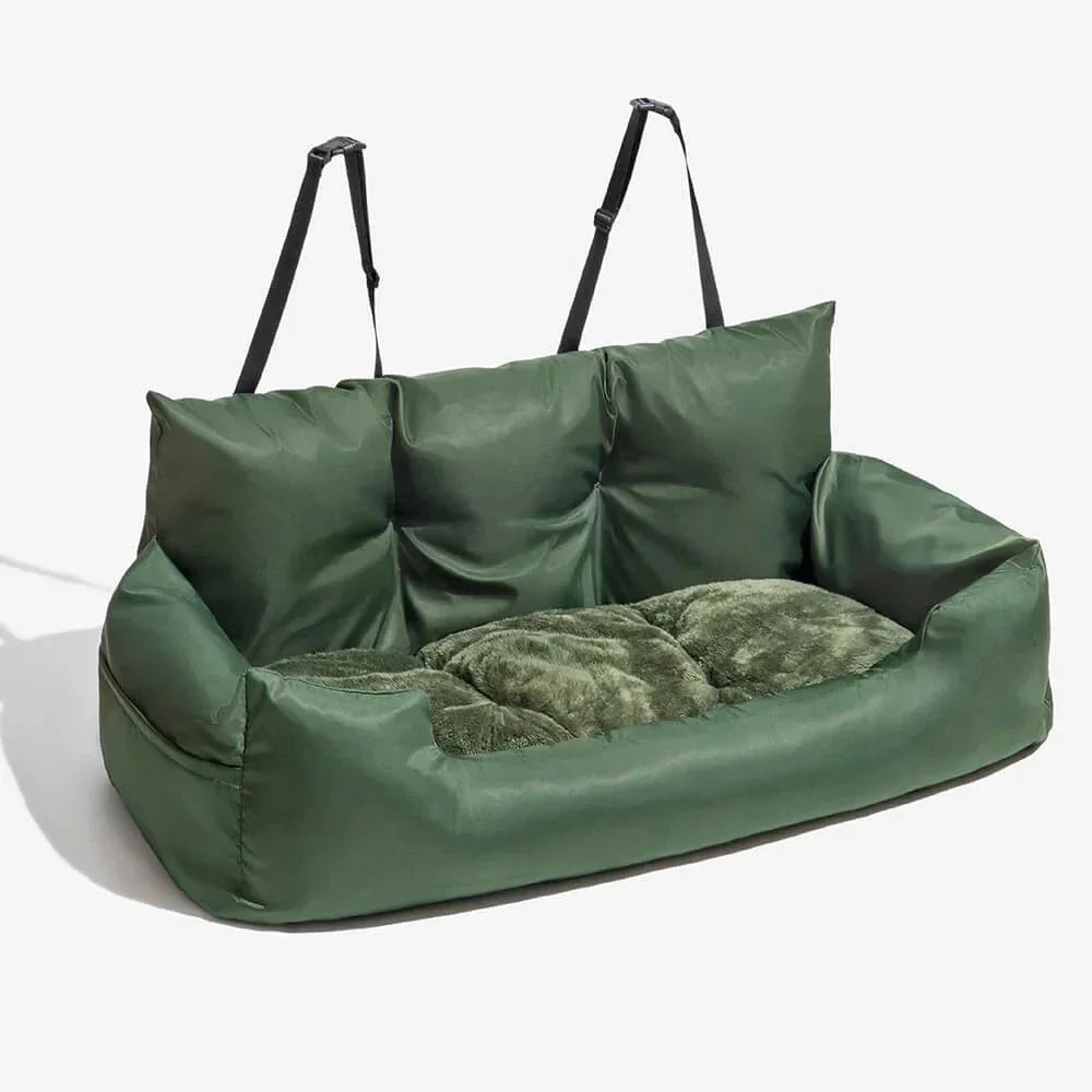 Non-slip gray dog travel bed, a bolster pet car seat ensuring comfort and safety for dogs in vehicles.