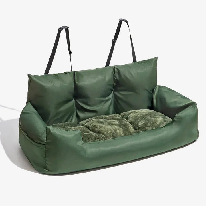 Non-slip gray dog travel bed, a bolster pet car seat ensuring comfort and safety for dogs in vehicles.