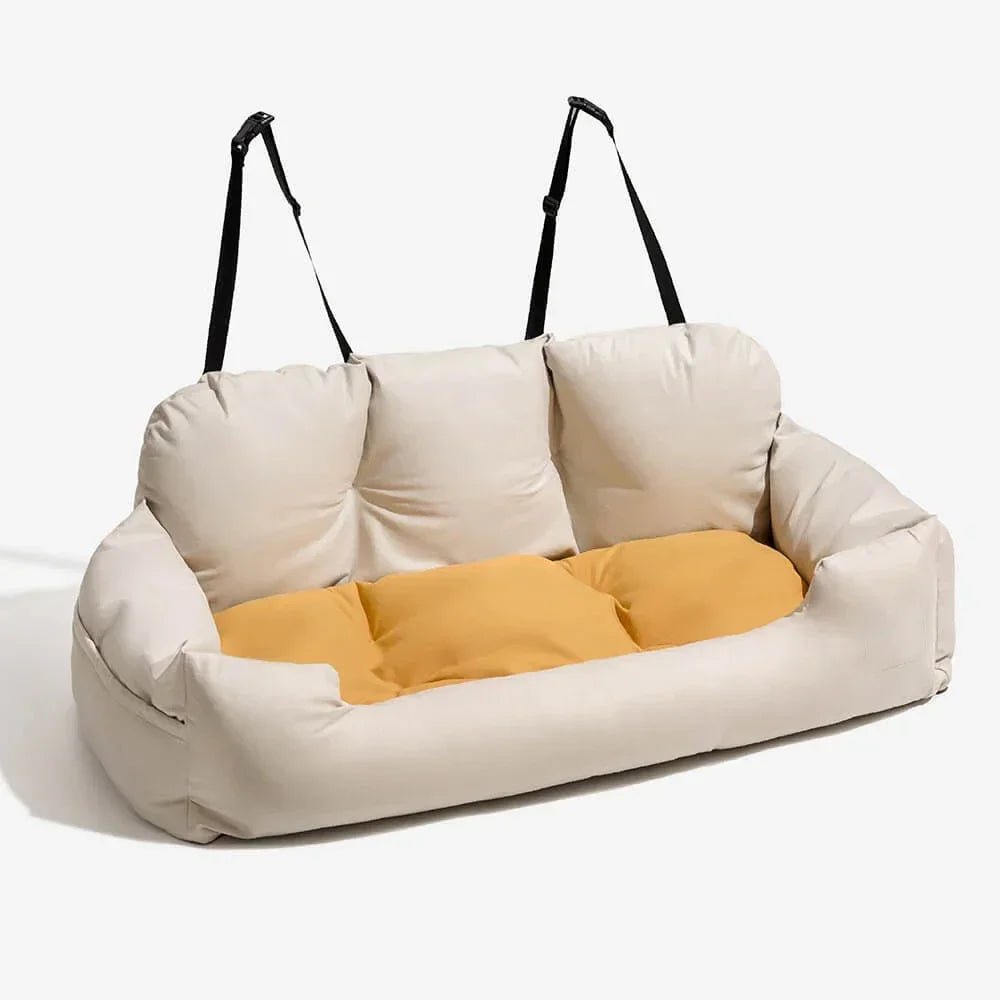 Soft cotton pet car bed, a washable dog seat with supportive bolsters for ultimate travel comfort for pets.