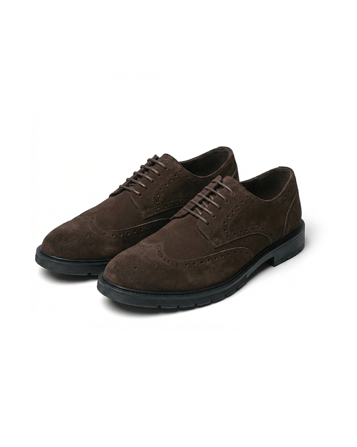 Close-up of black suede brogue dress shoes, perfect for formal and casual smart wear.