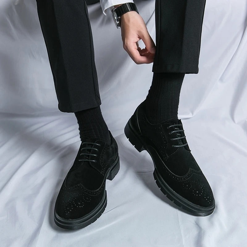 Elegant black suede brogue shoes for men, featuring a comfortable design and classic look.