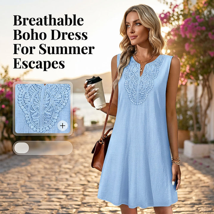 Full shot of a woman wearing a comfortable flowy beach vacation dress.