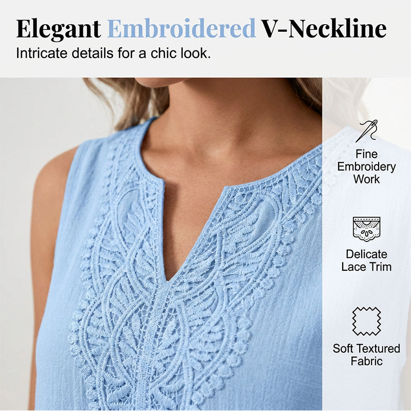 Detail of beautiful embroidery on a V-neck sleeveless casual summer dress.