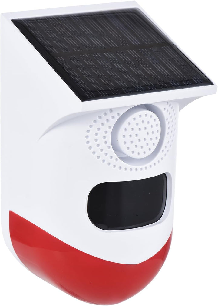 Close-up of Feronix solar motion sensor alarm with 120dB siren & LED strobe for outdoor security.