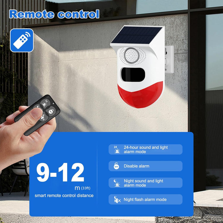 Waterproof solar alarm with motion sensor, 120dB siren, and bright LED strobe for farm security.