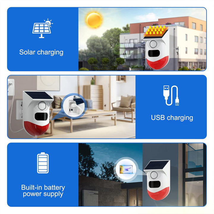 Side view of a compact solar-powered motion sensor alarm with 120dB siren for outdoor use.
