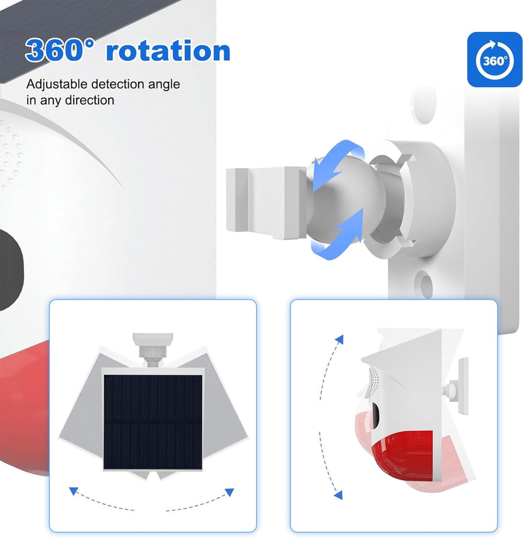 Feronix outdoor solar motion sensor alarm, showing LED strobe and built-in siren for security.