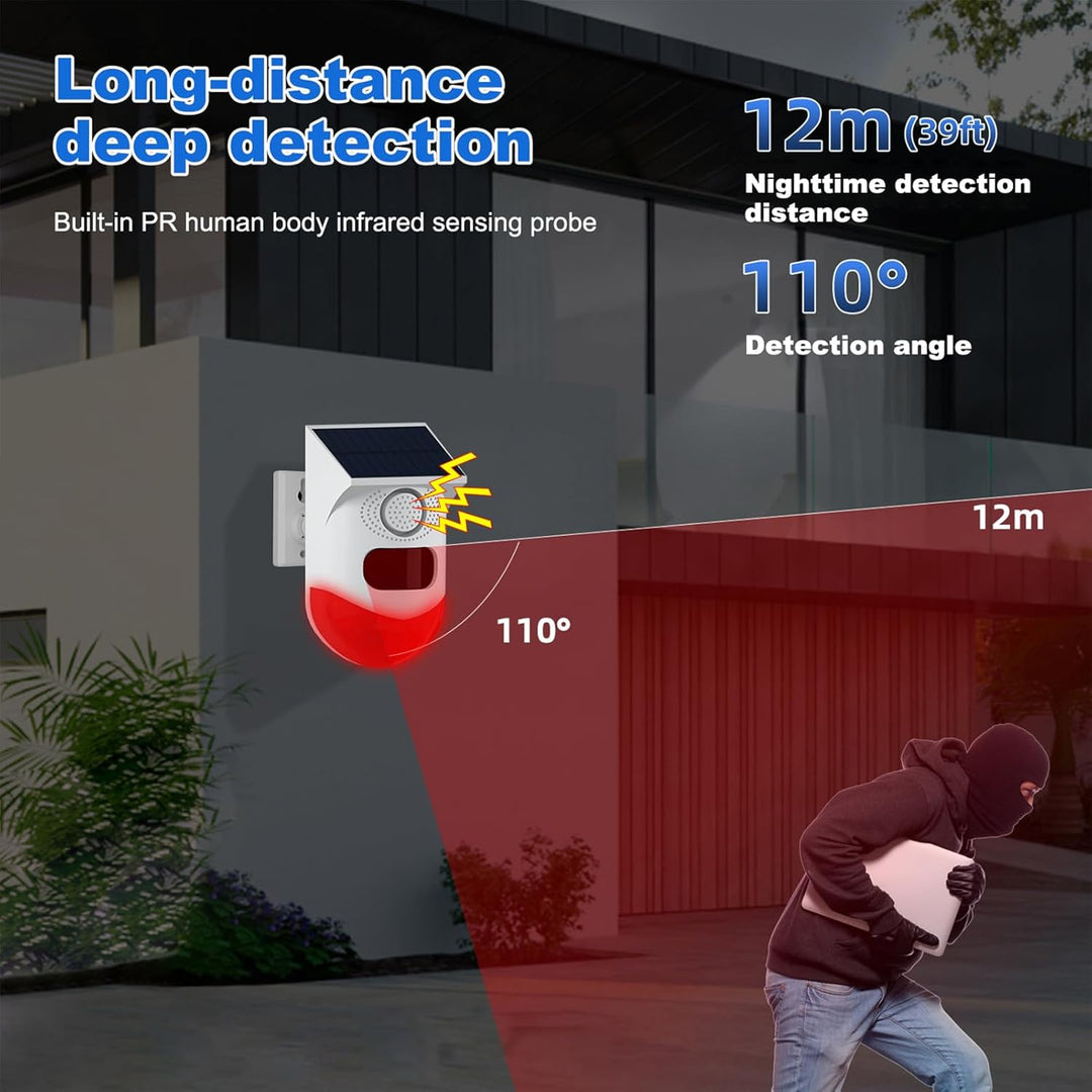 Durable, waterproof solar alarm with 120dB siren and motion sensor, ideal for garden & patio.