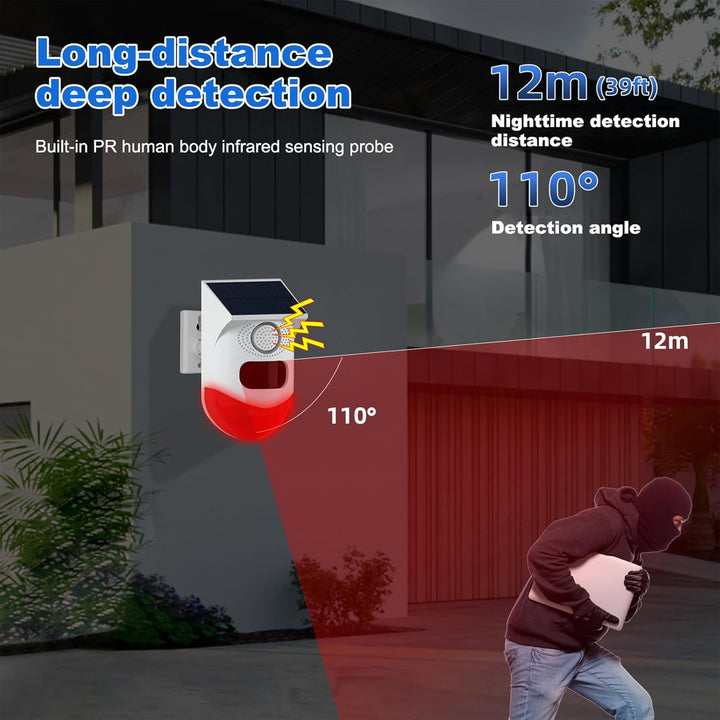 Durable, waterproof solar alarm with 120dB siren and motion sensor, ideal for garden & patio.