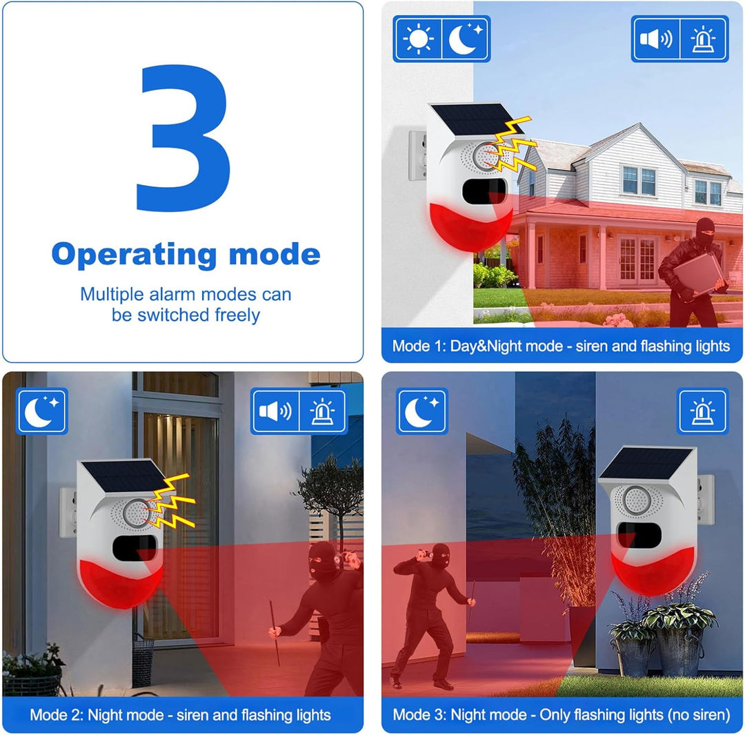 Wireless solar security alarm with motion detection, powerful 120dB siren & LED strobe for farms.