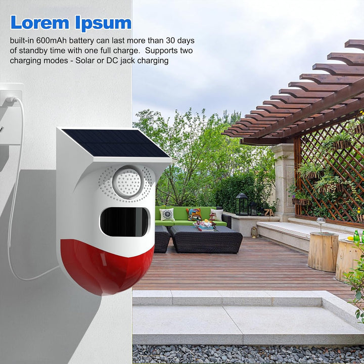 Feronix solar motion sensor alarm for home security, featuring a loud 120dB siren & strobe light.