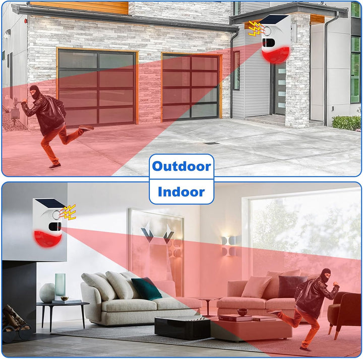 Front view of the Feronix solar motion sensor alarm with LED strobe and 120dB siren for outdoor areas.