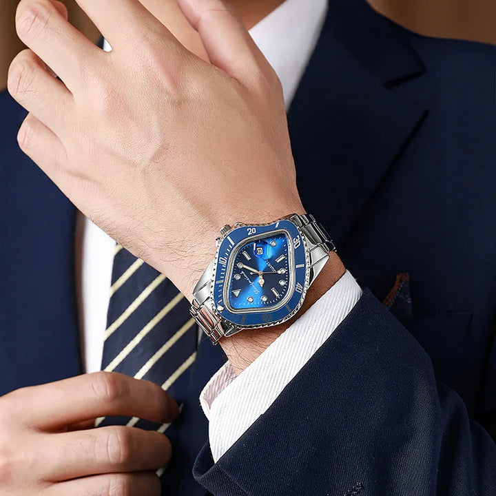 Side view of a men's stainless steel watch, highlighting the unique warp dial and robust design.