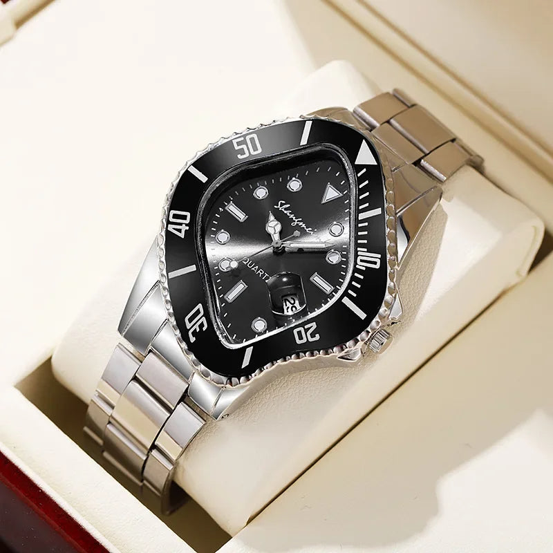 Men's water-resistant watch. Polished stainless steel, distinctive warp dial. Perfect for style.